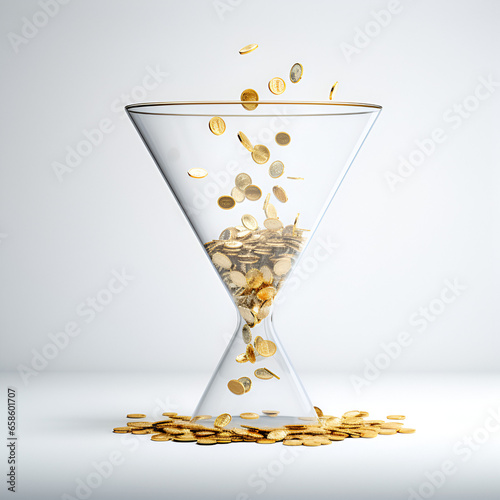 Pièces de monnaie en or qui tombent dans un sablier en forme d'entonnoir en verre, fond blanc photo