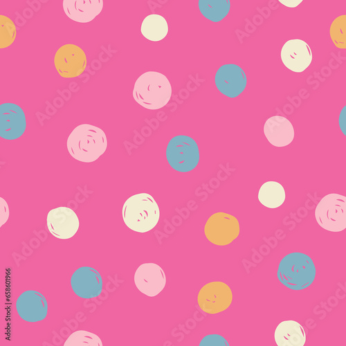 Chaotic Colorful Polka Dots. Vector painted background.  Hand drawn Abstract dotted, for fabric print, greeting card, table cloth, fashion, Irregular unusual seamless pattern. Textured cute.