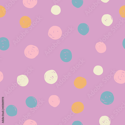 Chaotic Colorful Polka Dots. Vector painted background.  Hand drawn Abstract dotted, for fabric print, greeting card, table cloth, fashion, Irregular unusual seamless pattern. Textured cute.