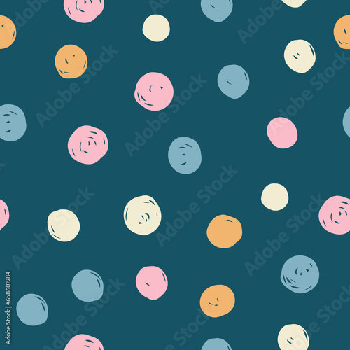 Chaotic Colorful Polka Dots. Vector painted background.  Hand drawn Abstract dotted, for fabric print, greeting card, table cloth, fashion, Irregular unusual seamless pattern. Textured cute.