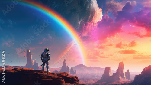 Аstronaut on another planet in rainbow light generative AI