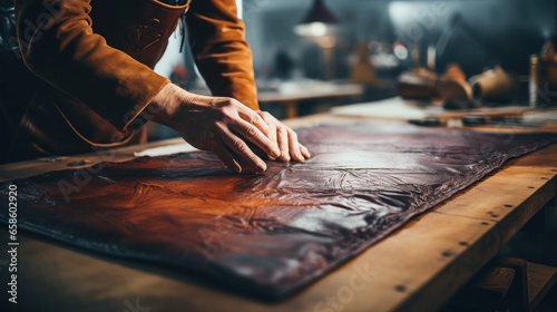 Close up of cobbler working with leather textile at his workshop