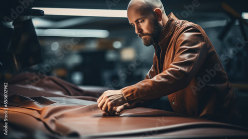 Close up of cobbler working with leather textile at his workshop