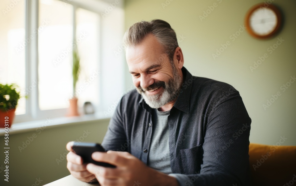 Happy middle-aged man using social media on his smartphone. Happy middle-aged man using social media on his smartphone.