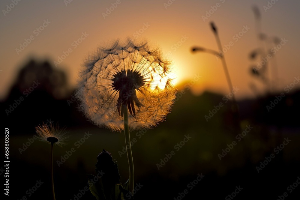 a focused dandelion with a hazy backdrop and a faint dandelion silhouette in the distance. Generative AI