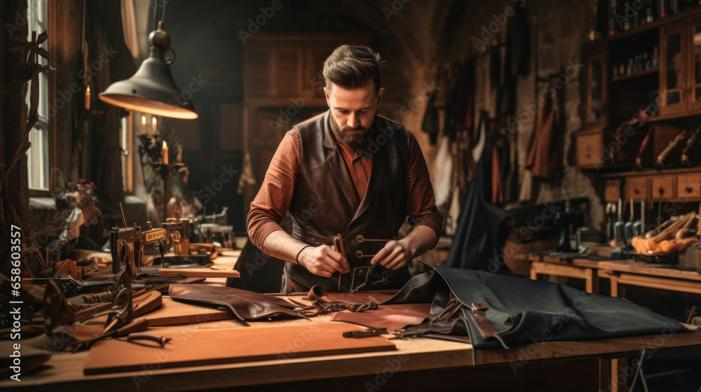 Close up of cobbler working with leather textile at his workshop Close up of cobbler working with leather textile at his workshop