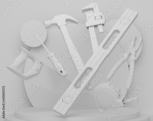 Abstract scene or podium with carpenters tools on monochrome background