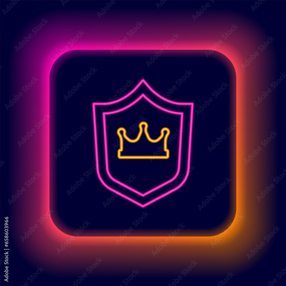 Glowing neon line Shield with crown icon isolated on black background. Colorful outline concept. Vector Glowing neon line Shield with crown icon isolated on black background. Colorful outline concept. Vector