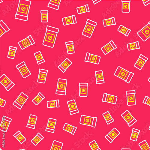 Line Sports doping, anabolic drugs icon isolated seamless pattern on red background. Anabolic steroids tablet. Pills in jar. Vector