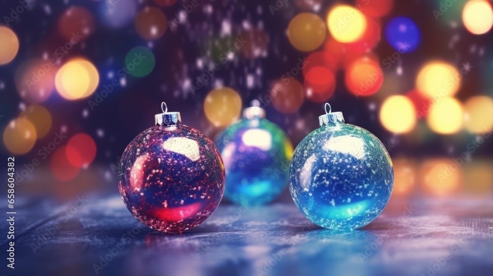 Colourful Christmas balls decoration with bokeh circles in the background. Festive wallpaper background for gift wrapping. Generative AI Colourful Christmas balls decoration with bokeh circles in the background. Festive wallpaper background for gift wrapping. Generative AI