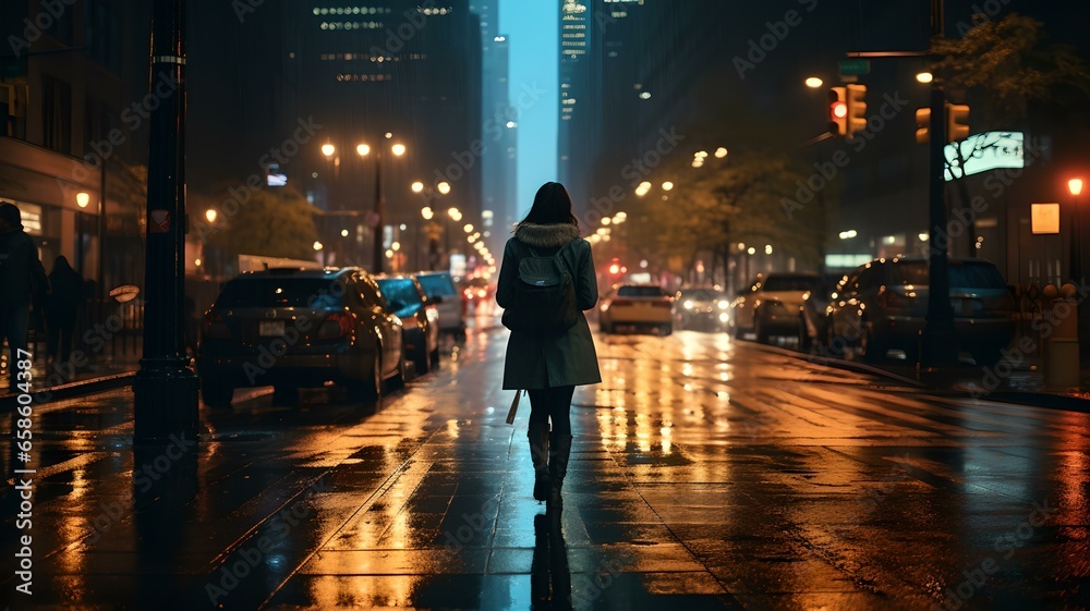 Woman walking along a city street at night in the rain