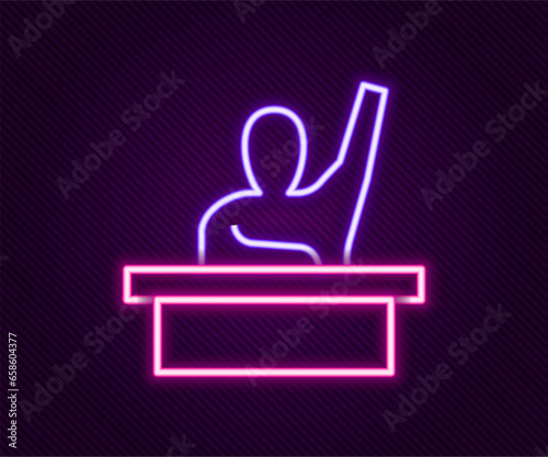 Glowing neon line Active male kid raising hand answering to teacher question icon isolated on black background. An elementary student raises his hand. Colorful outline concept. Vector