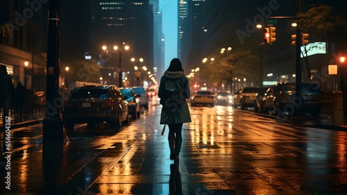 Woman walking along a city street at night in the rain
