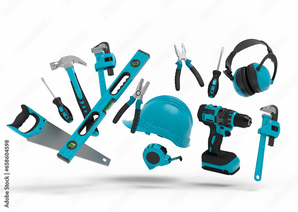 Flying view of green construction tools for repair on white background