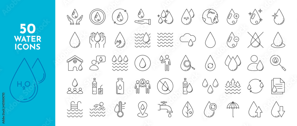 Water line icons set. Drops, rain, waves, drop, faucet, umbrella, dew, drinking water, bottle, cleanliness, aqua and others. Isolated on a white background. Vector stock illustration.