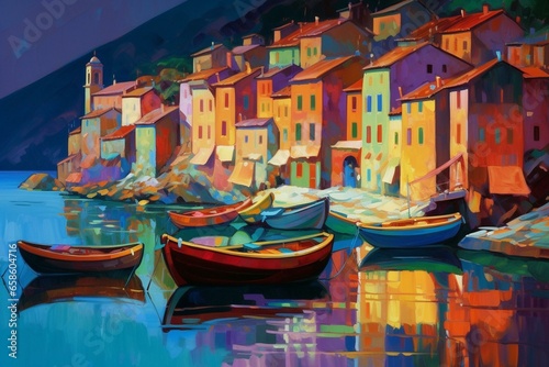 Vibrant, coastal village painting with boats, mountains, lit buildings, and shimmering water. Generative AI