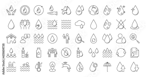 Water line icons set. Drops, rain, waves, drop, faucet, umbrella, dew, drinking water, bottle, cleanliness, aqua and others. Isolated on a white background. Vector stock illustration.
