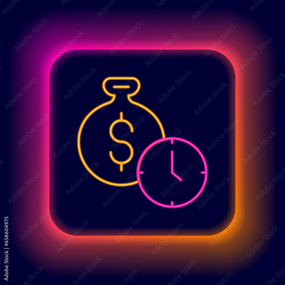 Glowing neon line Time is money icon isolated on black background. Money is time. Effective time management. Convert time to money. Colorful outline concept. Vector Glowing neon line Time is money icon isolated on black background. Money is time. Effective time management. Convert time to money. Colorful outline concept. Vector