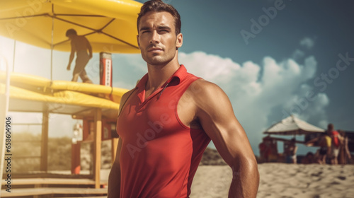 Sultry male lifeguard on duty, embodying beach safety with style. photo