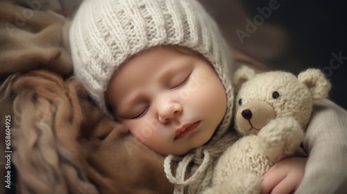 Adorable infant adorned in hand-knit clothing, radiating pure innocence.