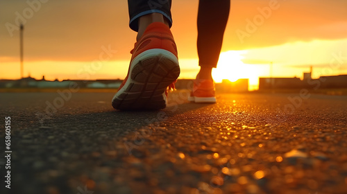 legs in sports shoes of a man running on asphalt in the sunset rays