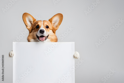 Corgi dog holds a large whatman paper in its paws on a gray background