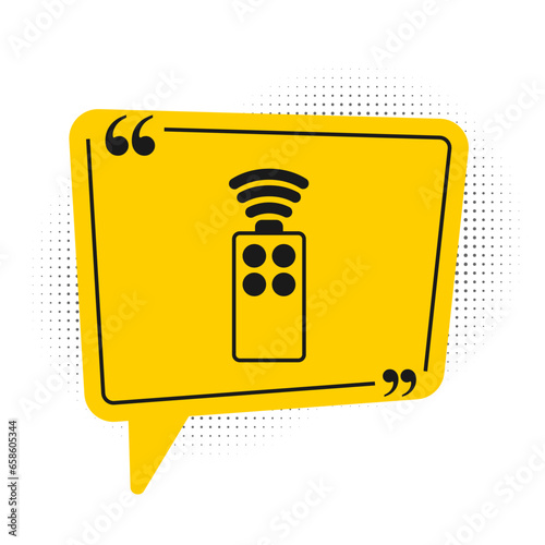 Black Remote control for the camera icon isolated on white background. An auxiliary device that allows you to work with a camera from a distance. Yellow speech bubble symbol. Vector