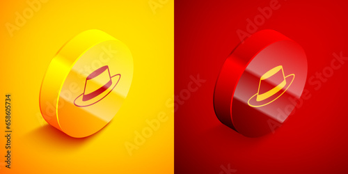 Isometric Oktoberfest hat icon isolated on orange and red background. Hunter hat with feather. German hat. Circle button. Vector