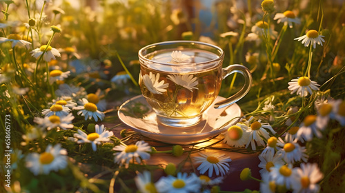 transparent cup of herbal tea with medicinal chamomile and blurred summer background photo