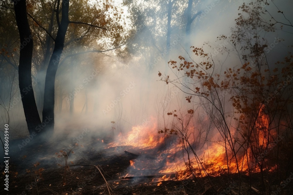 Burning trees with heavy smoke. Generative AI