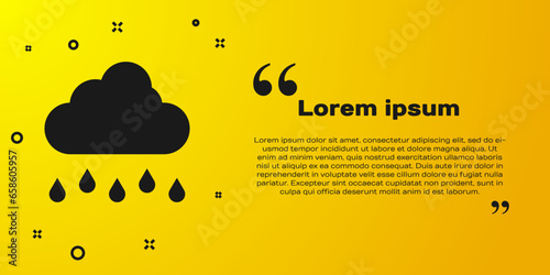 Black Cloud with rain icon isolated on yellow background. Rain cloud precipitation with rain drops. Vector