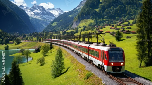 Famous electric red tourist panoramic train in swiss village Lungern, canton of Obwalden, Switzerland