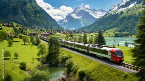 Famous electric red tourist panoramic train in swiss village Lungern, canton of Obwalden, Switzerland photo
