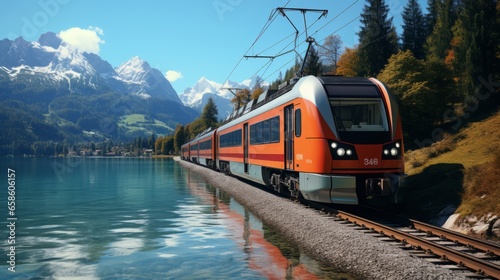 Famous electric red tourist panoramic train in swiss village Lungern, canton of Obwalden, Switzerland