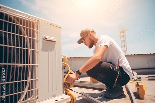 Technician working on air conditioning outdoor unit on hot sunny day. HVAC worker professional occupation
