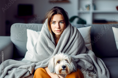 Murais de parede Unhealthy woman in a blanket sits in a cold living room under a blanket with a dog
