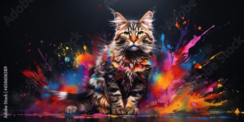 Painted colorful cat animal, they show off in beautiful colors. isolated black background. Pattern for t-shirt printing, Generative AI