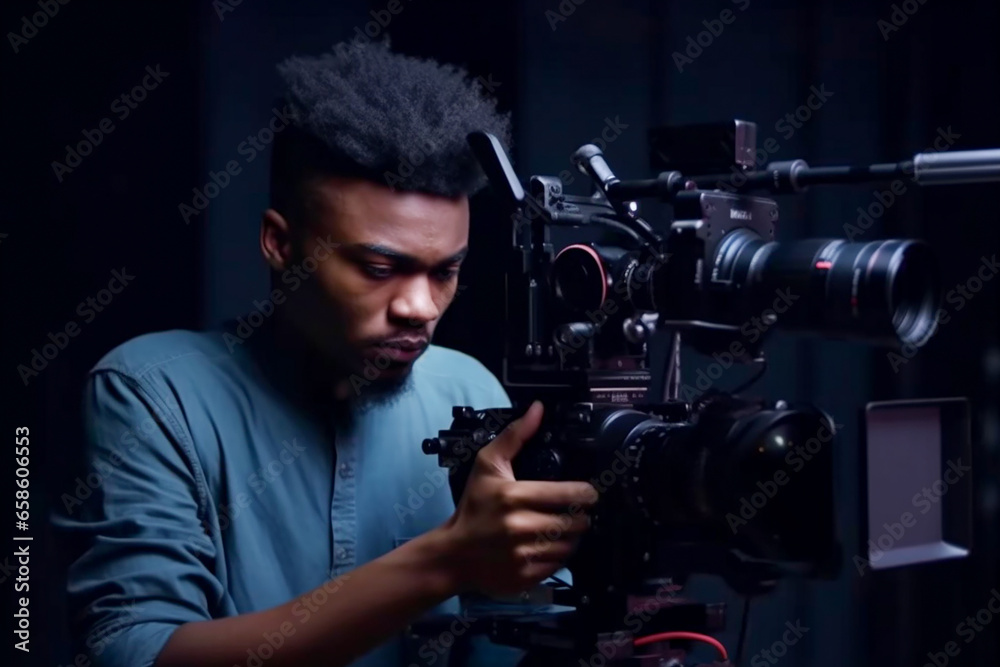 Young African American camera operator shooting on professional camera Young African American camera operator shooting on professional camera