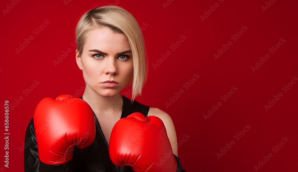 Young woman in red boxing gloves, serious expression on her face. Red background. Self-defense, women. Banner Young woman in red boxing gloves, serious expression on her face. Red background. Self-defense, women. Banner