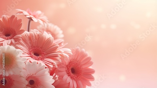 Elegant pink gerbera flowers with sunlight shadows over pastel pink salmon wall, Generative AI © AIExplosion