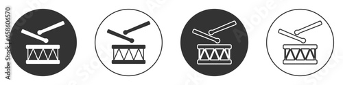 Black Drum with drum sticks icon isolated on white background. Music sign. Musical instrument symbol. Circle button. Vector