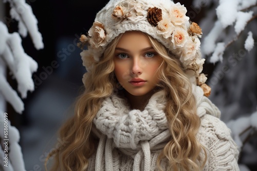 Frosty Elegance Image of a Girl with White Golden Hair Blue Eye in Winter Attire and Cap Generative Ai