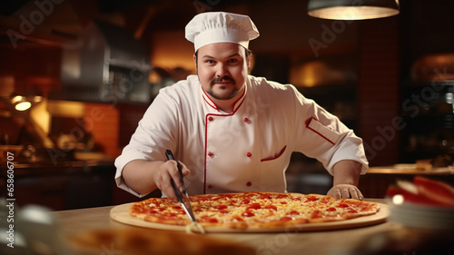 portrait of a chef with pizza in the kitchen