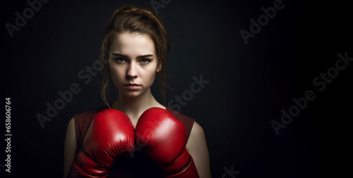 Young woman in red boxing gloves, serious expression on her face. black background. Self-defense, women. Banner