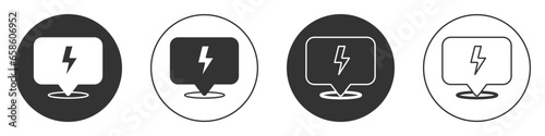 Black Lightning bolt icon isolated on white background. Flash sign. Charge flash icon. Thunder bolt. Lighting strike. Circle button. Vector
