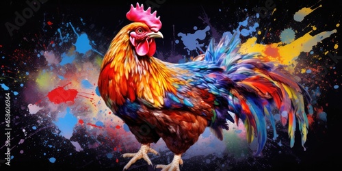 Painted colorful chicken animal, they show off in beautiful colors. isolated black background. Pattern for t-shirt printing, Generative AI