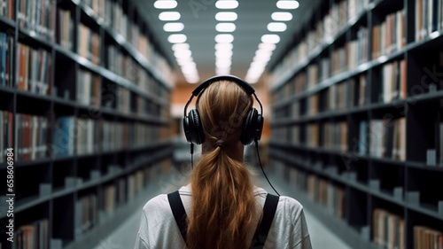 Young woman or girl with headphones on her head standing in large library, books on both sides, view from behind - audiobooks concept