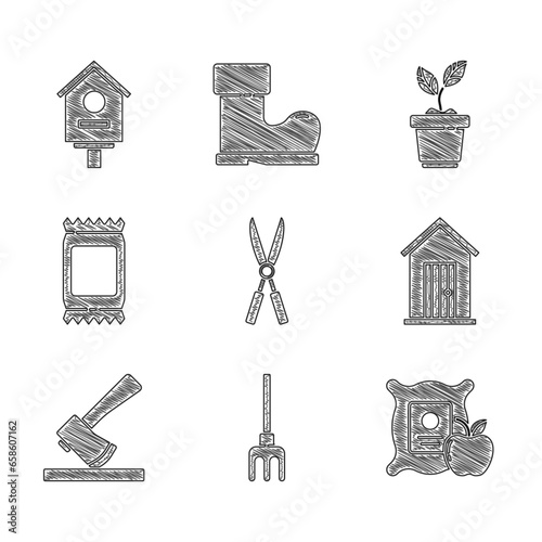 Set Gardening handmade scissors, rake, Apple the sack, Farm house, Wooden axe, Fertilizer bag, Plant pot and Bird icon. Vector