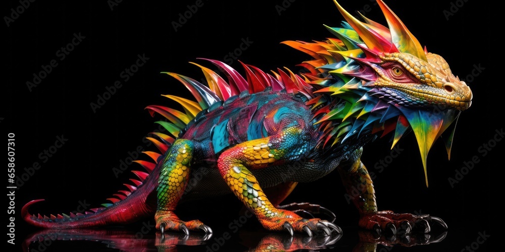 Painted colorful dragon animal, they show off in beautiful colors. isolated black background. Pattern for t-shirt printing, Generative AI