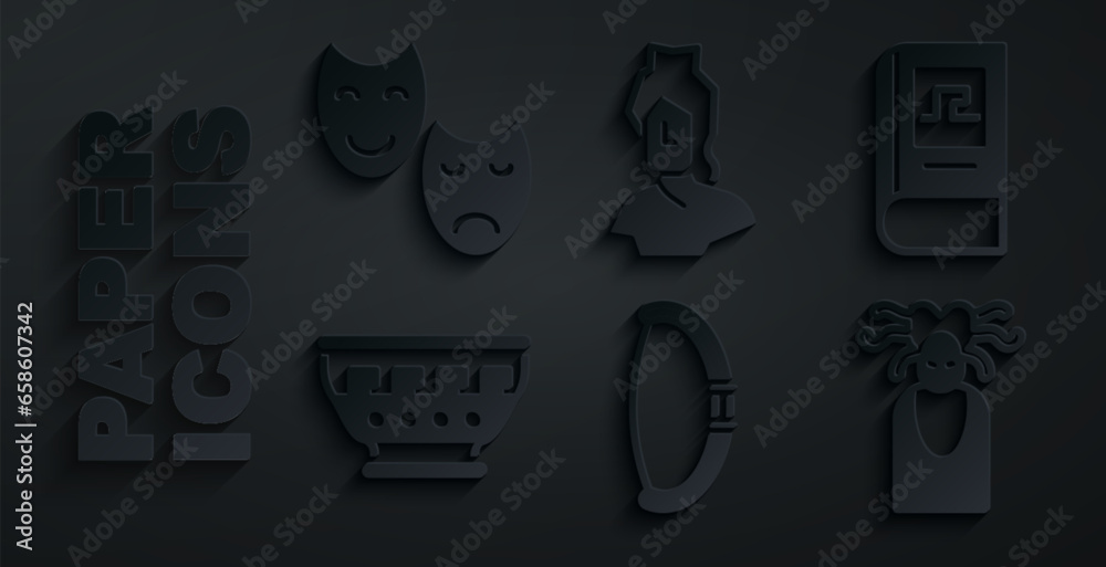 Set Medieval bow, Greek history book, ancient bowl, Medusa Gorgon, Ancient bust sculpture and Comedy and tragedy masks icon. Vector - obrazy, fototapety, plakaty 